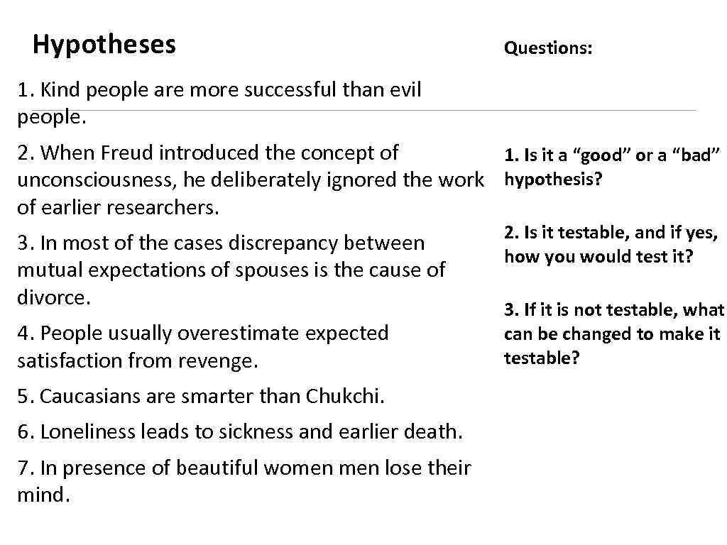 Hypotheses Questions: 1. Kind people are more successful than evil people. 2. When Freud