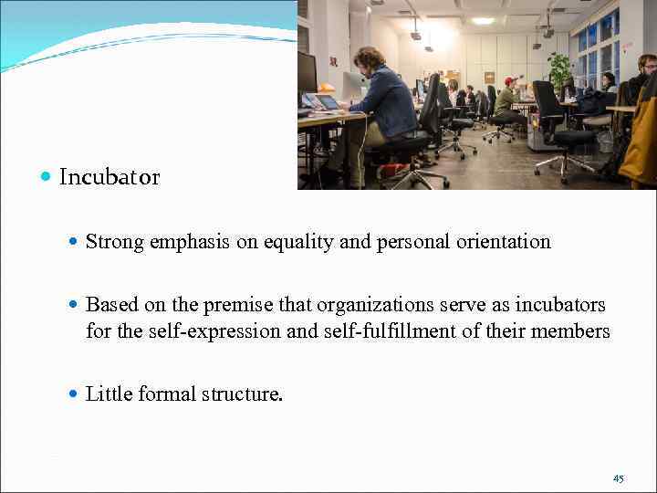  Incubator Strong emphasis on equality and personal orientation Based on the premise that