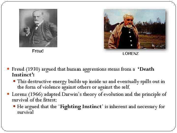 Freud LORENZ Freud (1930) argued that human aggressions stems from a ‘Death Instinct’: This