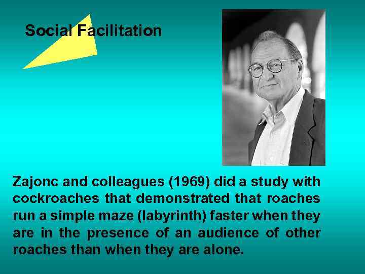 Social Facilitation Zajonc and colleagues (1969) did a study with cockroaches that demonstrated that