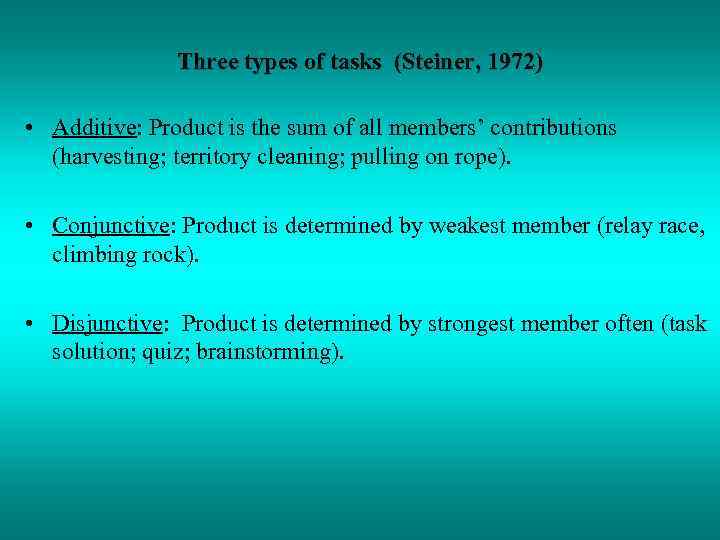 Three types of tasks (Steiner, 1972) • Additive: Product is the sum of all