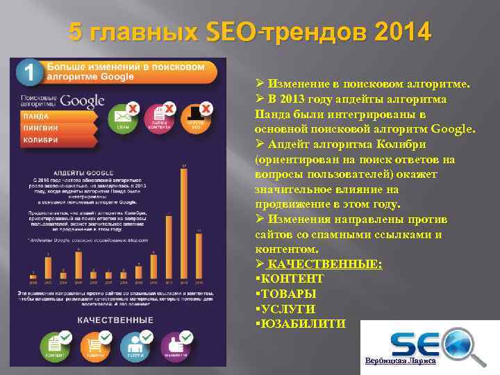 5 главных SEO-трендов 2014 Ø Изменение в поисковом алгоритме. Ø В 2013 году апдейты