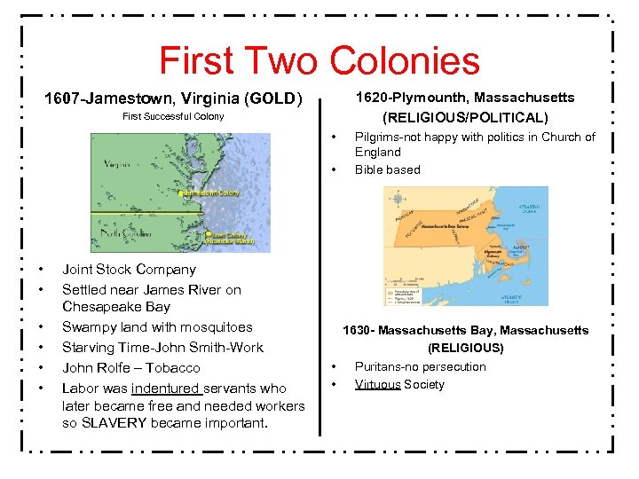 First Two Colonies 1620 -Plymounth, Massachusetts (RELIGIOUS/POLITICAL) 1607 -Jamestown, Virginia (GOLD) First Successful Colony