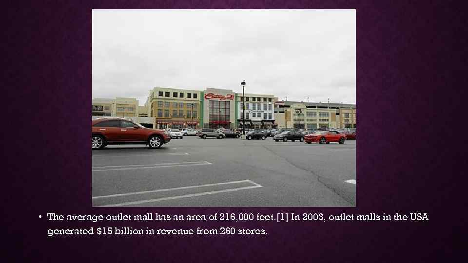  • The average outlet mall has an area of 216, 000 feet. [1]