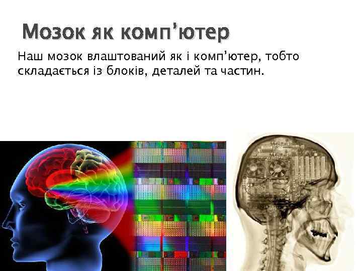 Мозок як комп’ютер Наш мозок влаштований як і комп’ютер, тобто складається із блоків, деталей