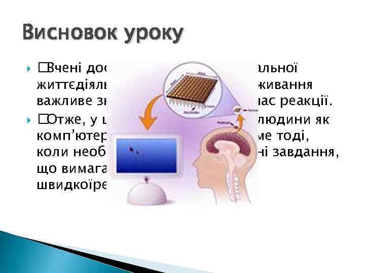 Висновок уроку Вчені дослідили, що для нормальної життєдіяльності організму та виживання важливе значення має