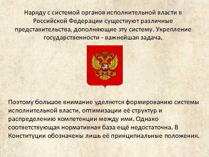 Наряду с системой органов исполнительной власти в Российской Федерации существуют различные представительства, дополняющие эту