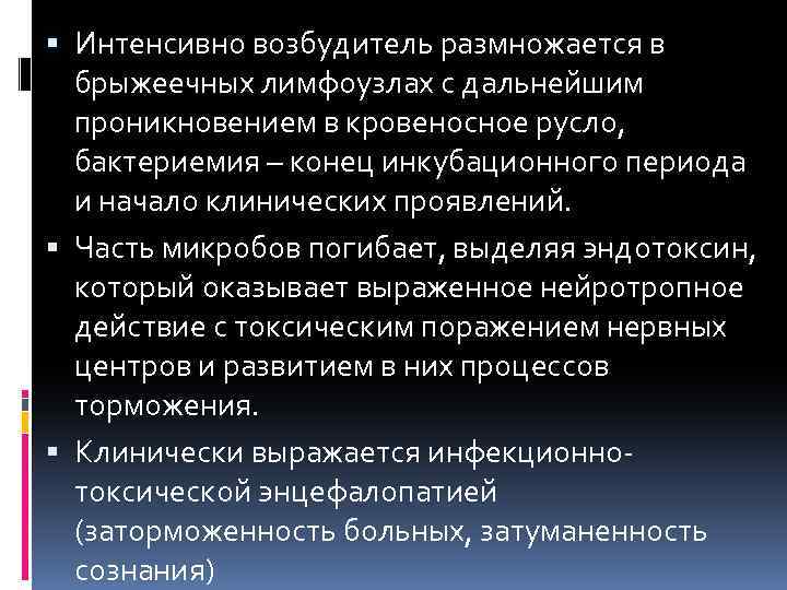  Интенсивно возбудитель размножается в брыжеечных лимфоузлах с дальнейшим проникновением в кровеносное русло, бактериемия