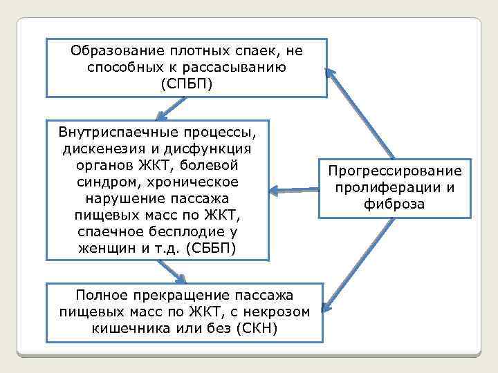 Образование плотных спаек, не способных к рассасыванию (СПБП) Внутриспаечные процессы, дискенезия и дисфункция органов