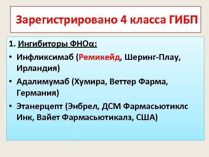 Зарегистрировано 4 класса ГИБП 1. Ингибиторы ФНОα: • Инфликсимаб (Ремикейд, Шеринг-Плау, Ирландия) • Адалимумаб