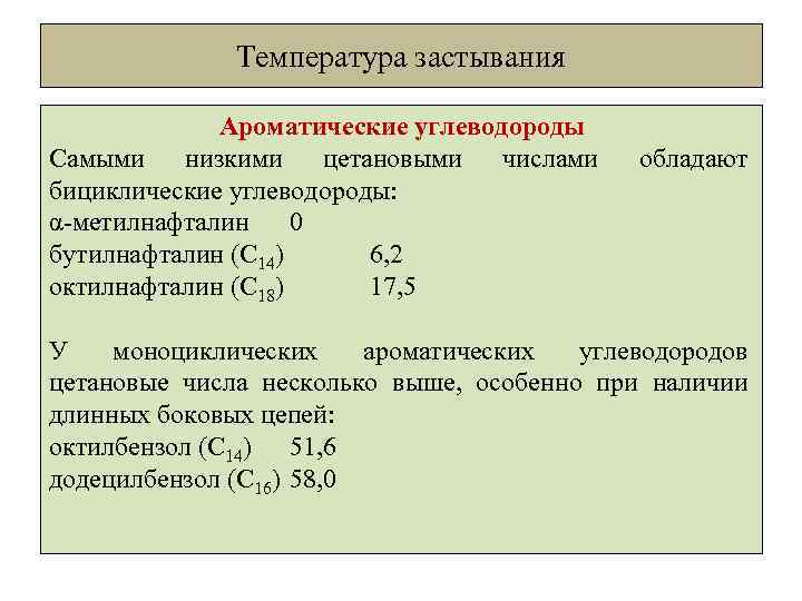 Температура застывания Ароматические углеводороды Самыми низкими цетановыми числами бициклические углеводороды: α-метилнафталин 0 бутилнафталин (С