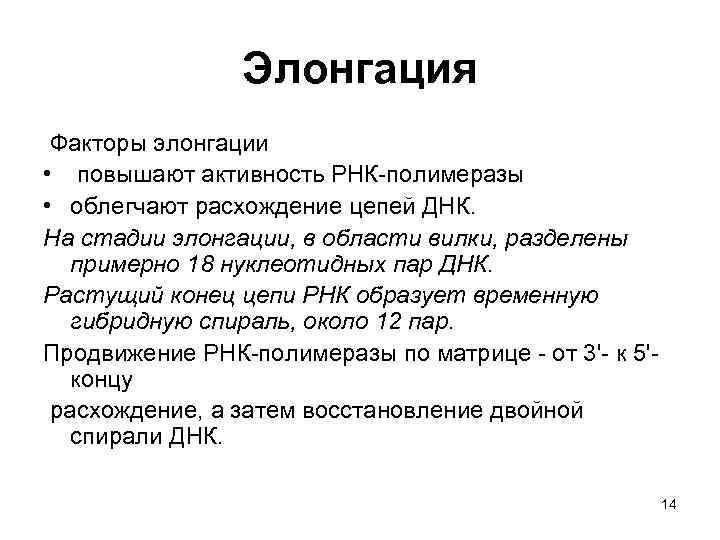 Элонгация Факторы элонгации • повышают активность РНК-полимеразы • облегчают расхождение цепей ДНК. На стадии