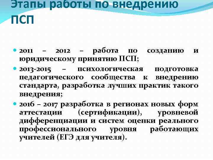 Этапы работы по внедрению ПСП 2011 – 2012 – работа по созданию и юридическому