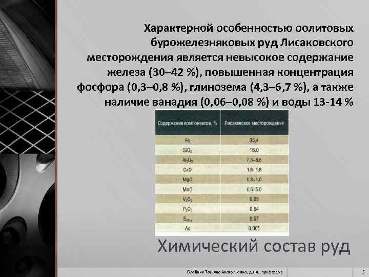 Характерной особенностью оолитовых бурожелезняковых руд Лисаковского месторождения является невысокое содержание железа (30– 42 %),