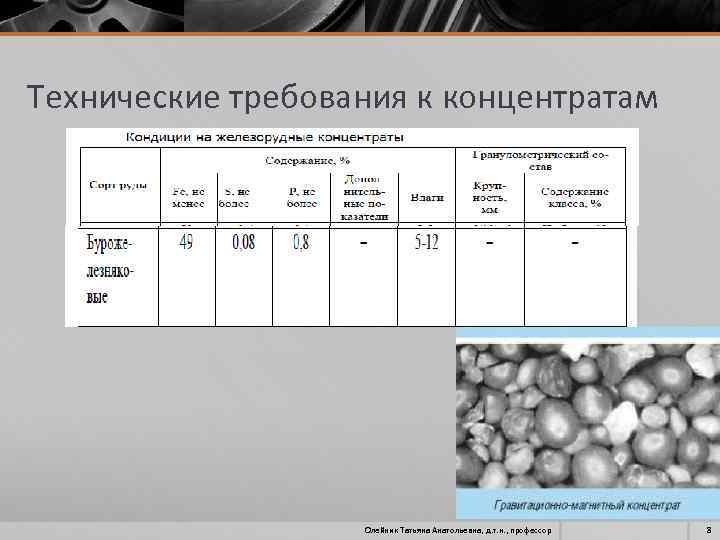 Технические требования к концентратам Олейник Татьяна Анатольевна, д. т. н. , профессор 8 