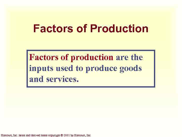 Factors of Production Factors of production are the inputs used to produce goods and