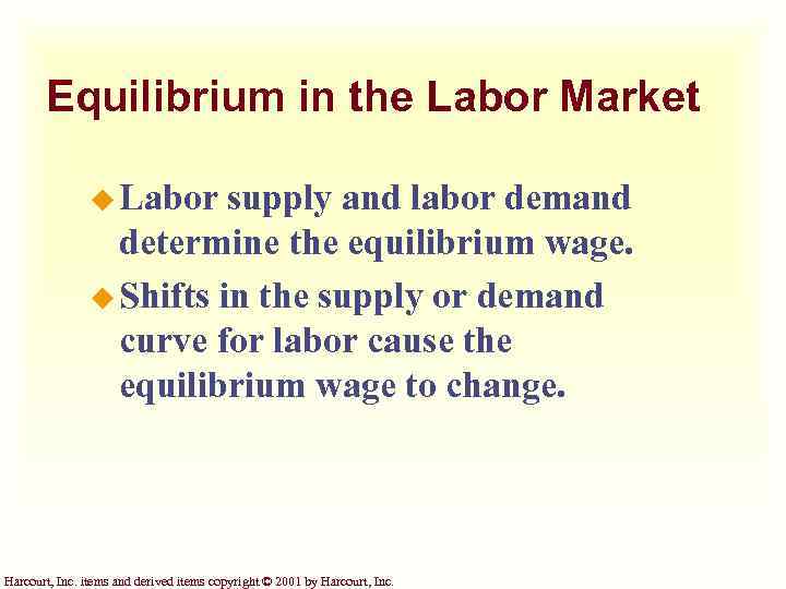 Equilibrium in the Labor Market u Labor supply and labor demand determine the equilibrium