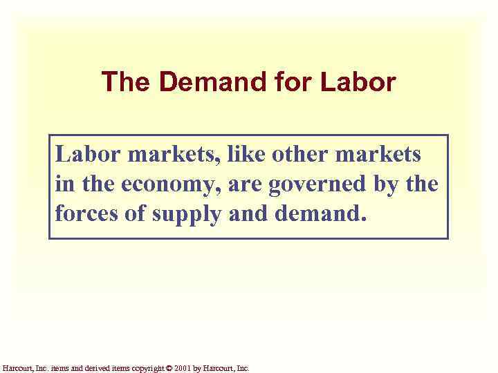 The Demand for Labor markets, like other markets in the economy, are governed by