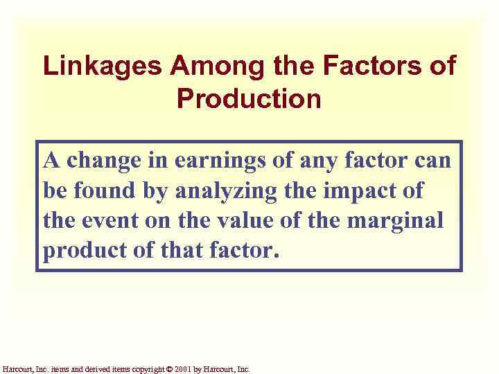 Linkages Among the Factors of Production A change in earnings of any factor can