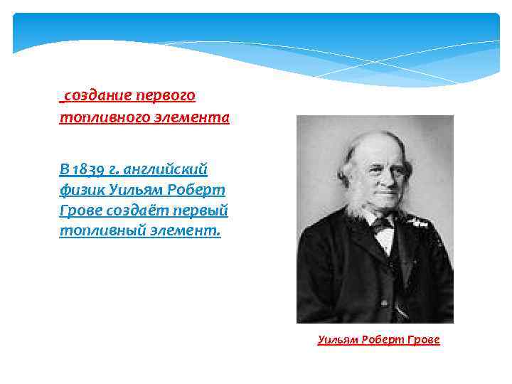 создание первого топливного элемента В 1839 г. английский физик Уильям Роберт Грове создаёт первый