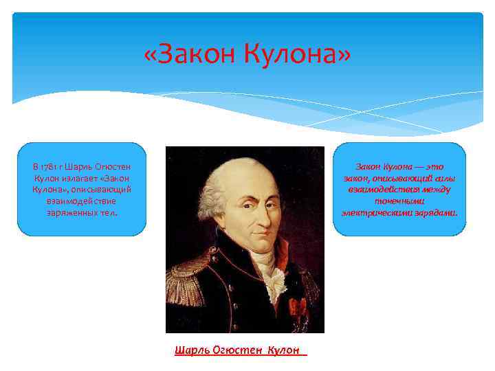  «Закон Кулона» В 1781 г Шарль Огюстен Кулон излагает «Закон Кулона» , описывающий