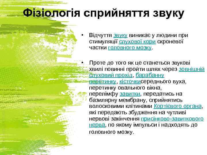 Фізіологія сприйняття звуку • Відчуття звуку виникає у людини при стимуляції слухової кори скроневої