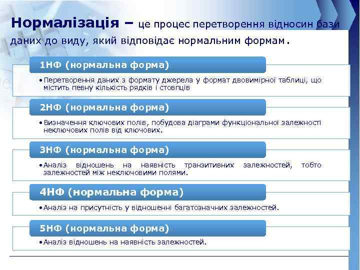 Нормалізація – це процес перетворення відносин бази даних до виду, який відповідає нормальним формам.