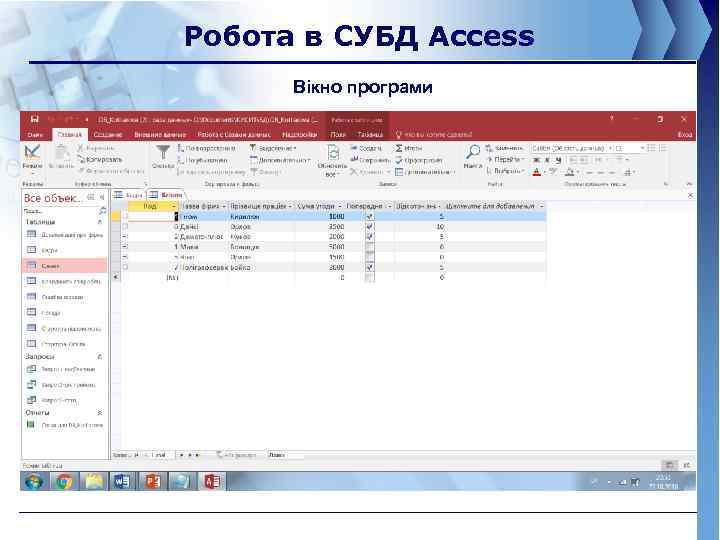 Робота в СУБД Access Вікно програми 