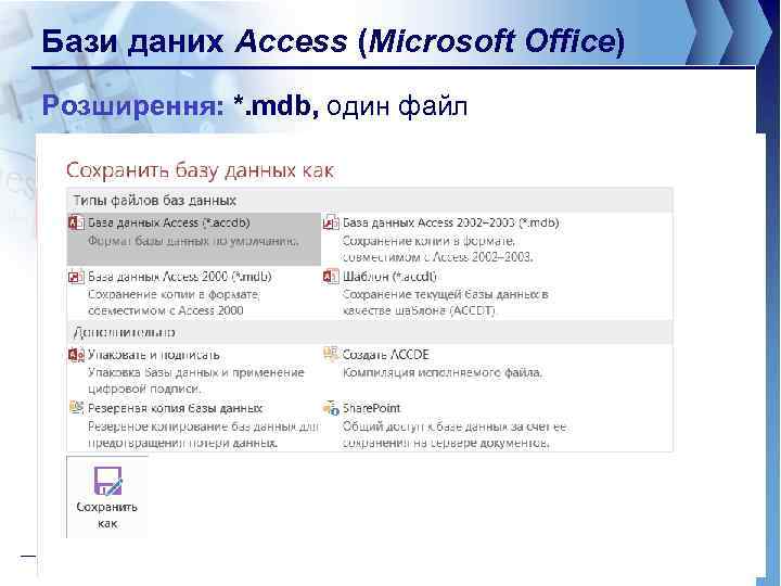 Бази даних Access (Microsoft Office) Розширення: *. mdb, один файл 