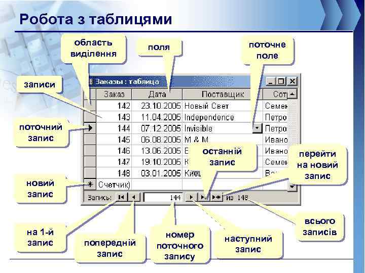 Робота з таблицями область виділення поточне поля записи поточний запис останній запис новий запис