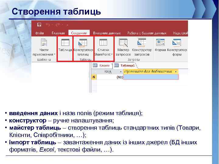 Створення таблиць • введення даних і назв полів (режим таблиця); • конструктор – ручне