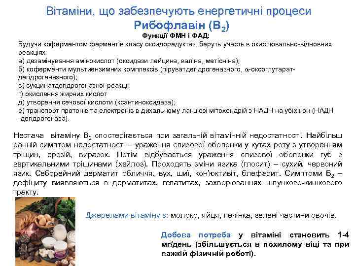 Вітаміни, що забезпечують енергетичні процеси Рибофлавін (B 2) Функції ФМН і ФАД: Будучи коферментом