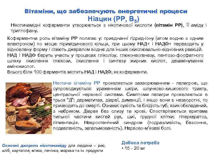 Вітаміни, що забезпечують енергетичні процеси Ніацин (РР, B 5) Нікотинамідні коферменти утворюються з нікотинової