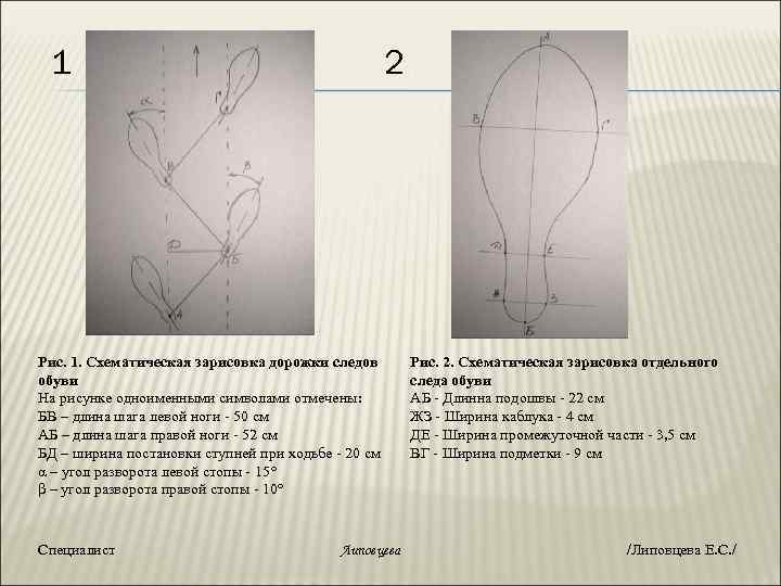 1 2 Рис. 1. Схематическая зарисовка дорожки следов обуви На рисунке одноименными символами отмечены: