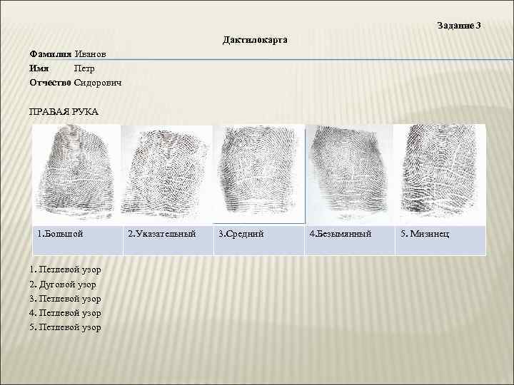 Задание 3 Дактилокарта Фамилия Иванов Имя Петр Отчество Сидорович ПРАВАЯ РУКА 1. Большой 1.