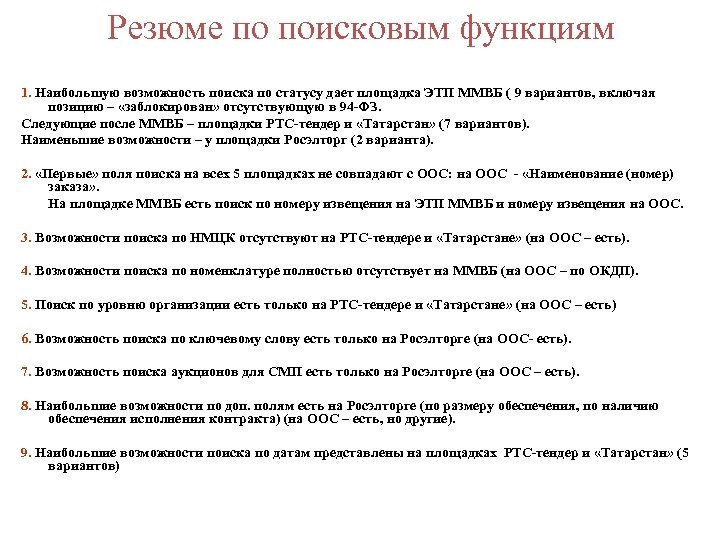 Резюме по поисковым функциям 1. Наибольшую возможность поиска по статусу дает площадка ЭТП ММВБ