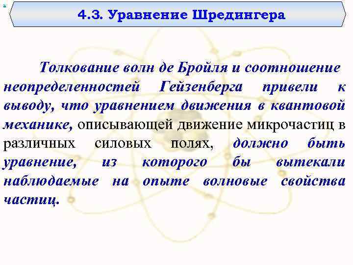 х 4. 3. Уравнение Шредингера Толкование волн де Бройля и соотношение неопределенностей Гейзенберга привели