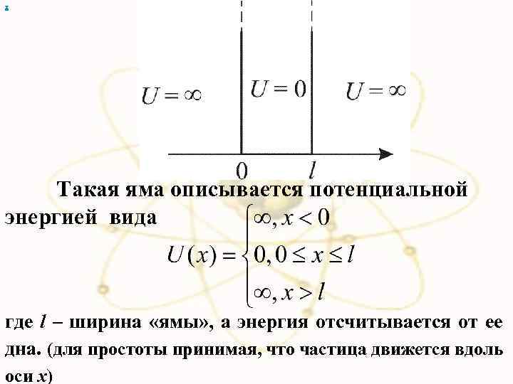 х Такая яма описывается потенциальной энергией вида где l – ширина «ямы» , а