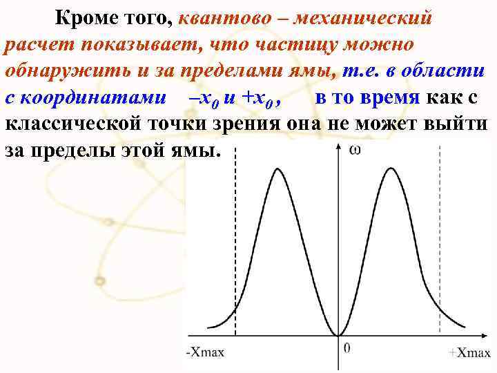 Кроме того, квантово – механический расчет показывает, что частицу можно обнаружить и за пределами