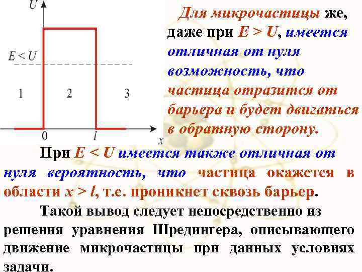 х Для микрочастицы же, даже при E > U, имеется отличная от нуля возможность,