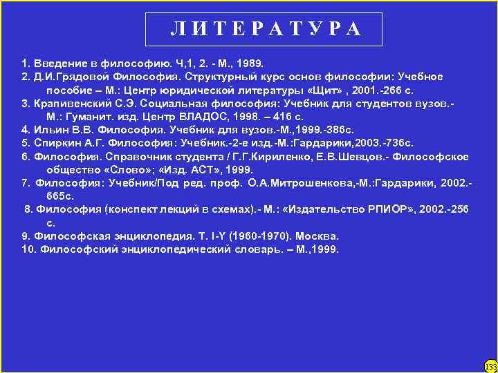 ЛИТЕРАТУРА 1. Введение в философию. Ч, 1, 2. - М. , 1989. 2. Д.