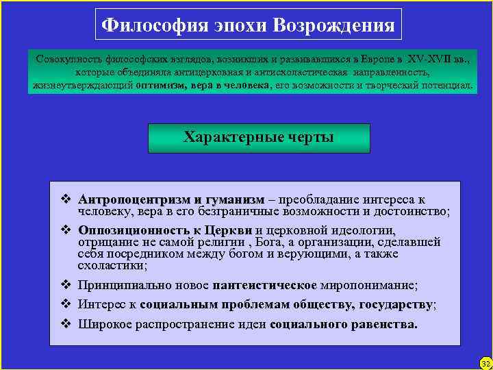 Философия эпохи Возрождения Совокупность философских взглядов, возникших и развивавшихся в Европе в XV-XVII вв.