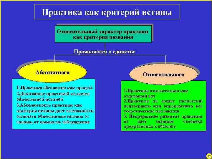 Практика как критерий истины Относительный характер практики как критерия познания Проявляется в единстве Абсолютного