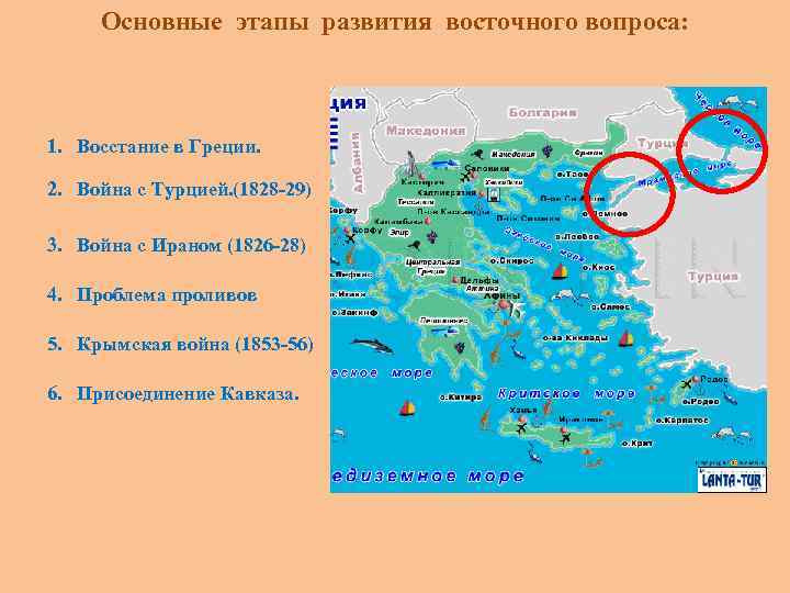 Основные этапы развития восточного вопроса: 1. Восстание в Греции. 2. Война с Турцией. (1828