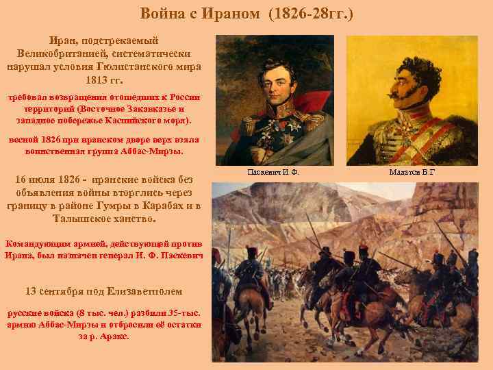 Война с Ираном (1826 -28 гг. ) Иран, подстрекаемый Великобританией, систематически нарушал условия Гюлистанского