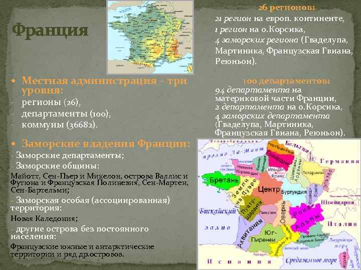 Франция Местная администрация – три уровня: - регионы (26), - департаменты (100), - коммуны