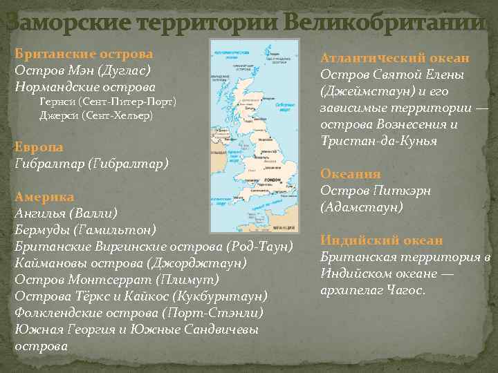 Заморские территории Великобритании Британские острова Остров Мэн (Дуглас) Нормандские острова Гернси (Сент-Питер-Порт) Джерси (Сент-Хельер)