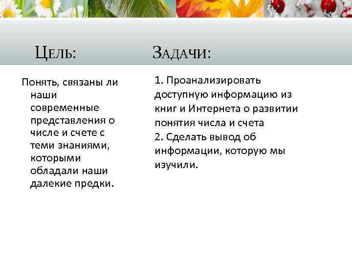 ЦЕЛЬ: Понять, связаны ли наши современные представления о числе и счете с теми знаниями,