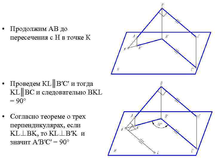  • Продолжим АВ до пересечения с Н в точке К • Проведем КL║B′C′