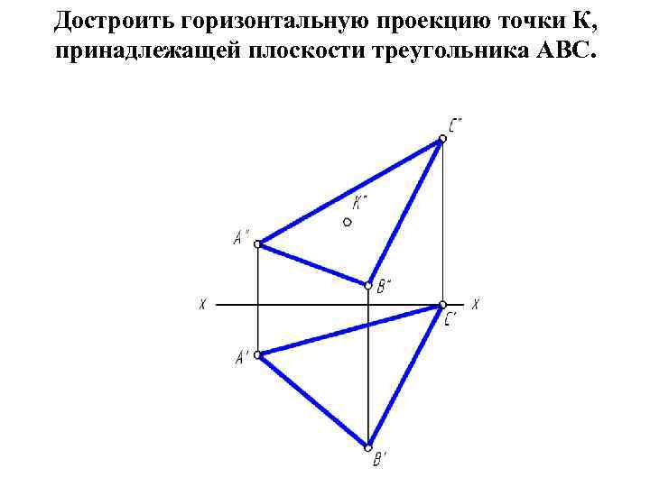 Достроить горизонтальную проекцию точки К, принадлежащей плоскости треугольника АВС. 